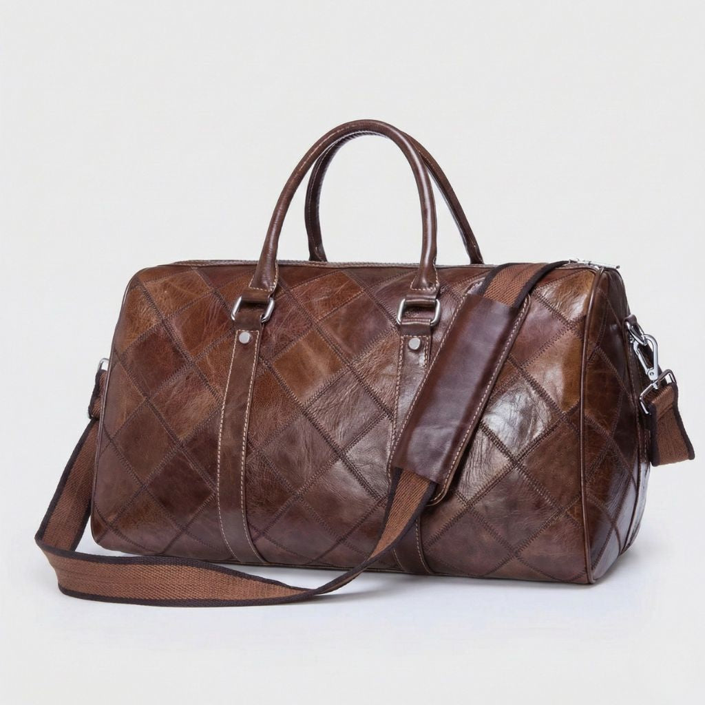 Sac de voyage cabine en cuir véritable patchwork losanges brun chocolat avec bandoulière textile réglable