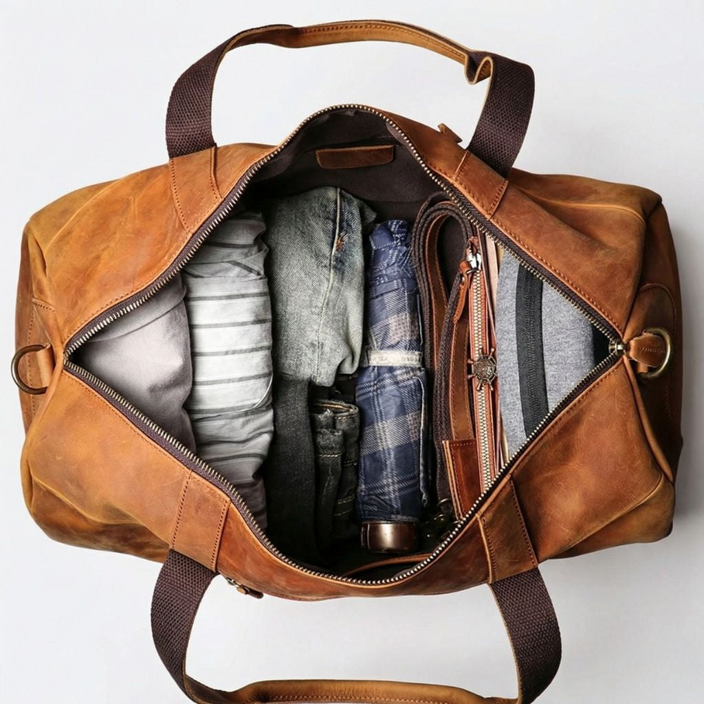 Vue de dessus du sac de voyage en cuir cognac ouvert, avec pulls gris, jean et bandoulière bien rangés Image