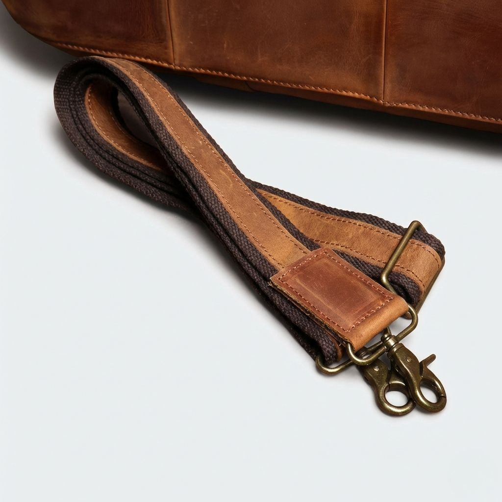 Bandoulière détachable en toile marron avec renforts en cuir cognac et crochets en laiton antique