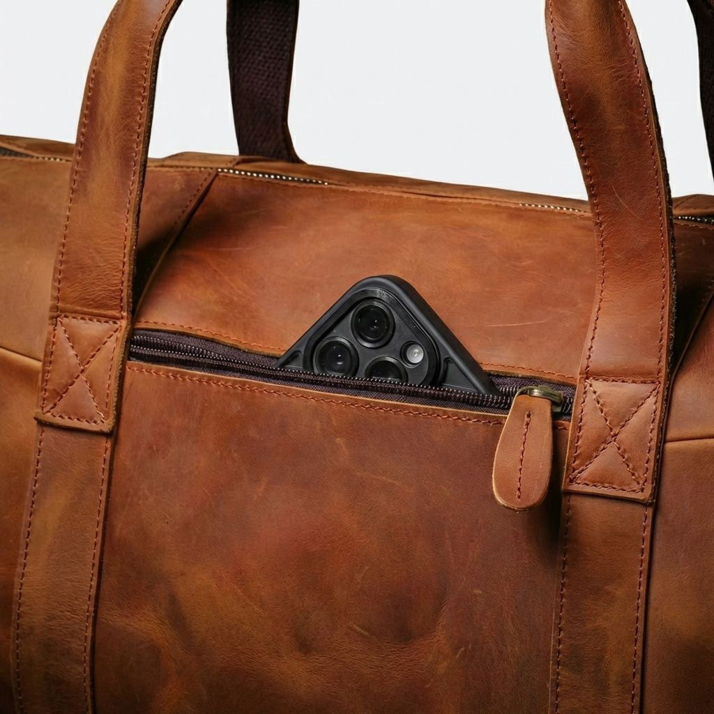 Gros plan de la poche arrière zippée d'un sac de voyage en cuir cognac avec un smartphone glissé dedans Image