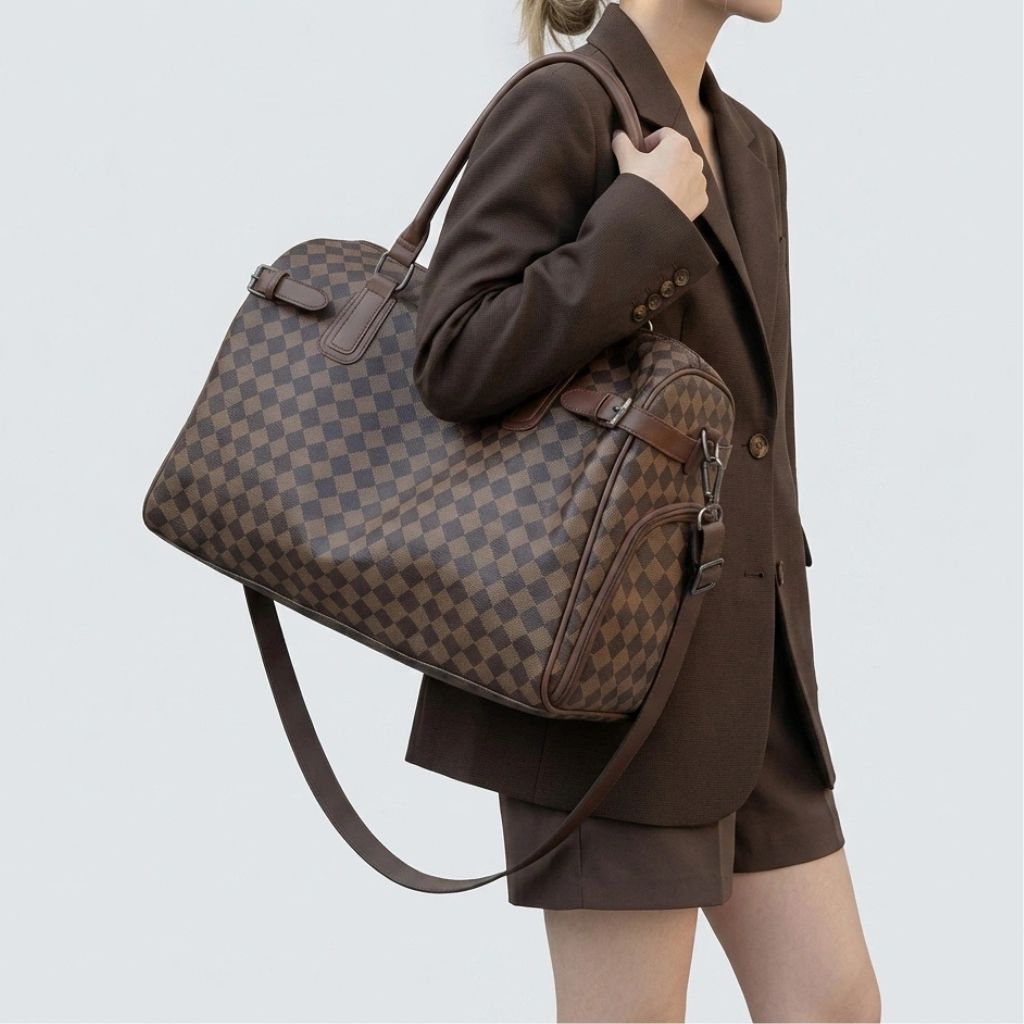 Femme portant un sac week-end motif damier marron sur l'épaule avec bandoulière assortie en cuir