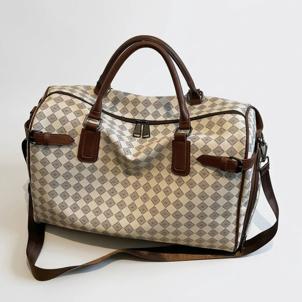 Sac week-end damier beige avec bandoulière étendue posé sur fond neutre, format bagage cabine