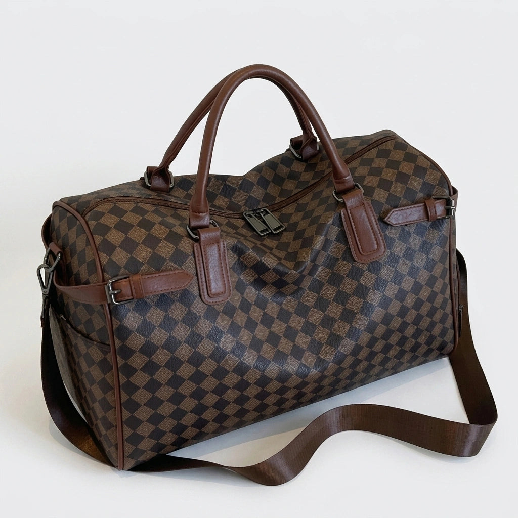 Sac week-end motif damier marron foncé avec bandoulière et poignées en simili cuir, vue latérale