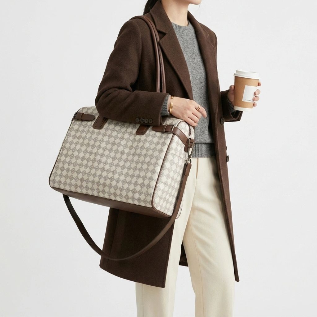 Femme en manteau brun portant le sac week-end damier beige à l'épaule avec une boisson à la main