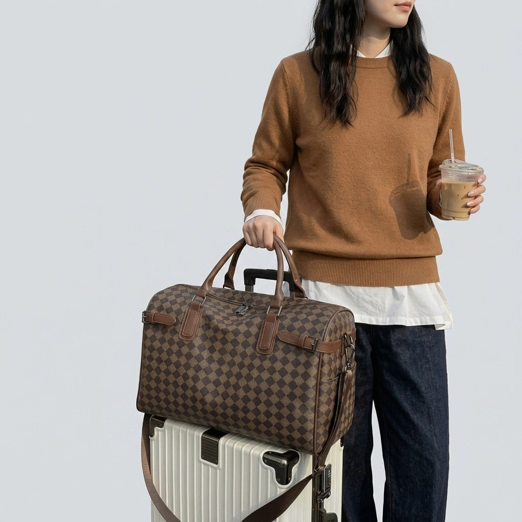 Femme tenant le sac week-end damier marron foncé posé sur une valise rigide blanche à roulettes