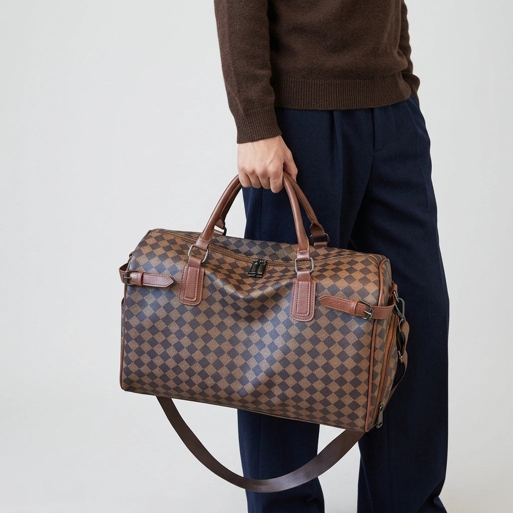 Homme portant le sac week-end damier marron foncé par les poignées, style urbain et élégant