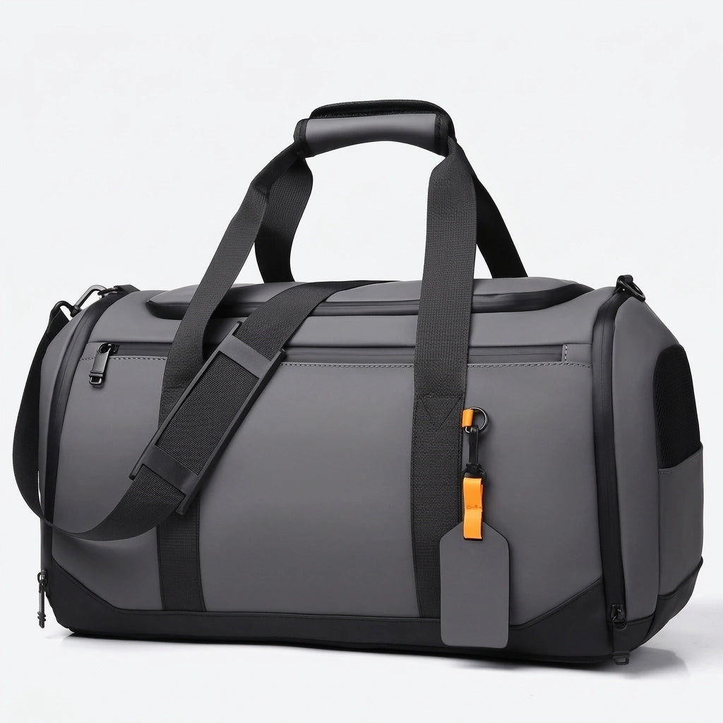 Sac de voyage week-end gris 25L avec compartiment chaussures intégré, bandoulière ajustable et étiquette