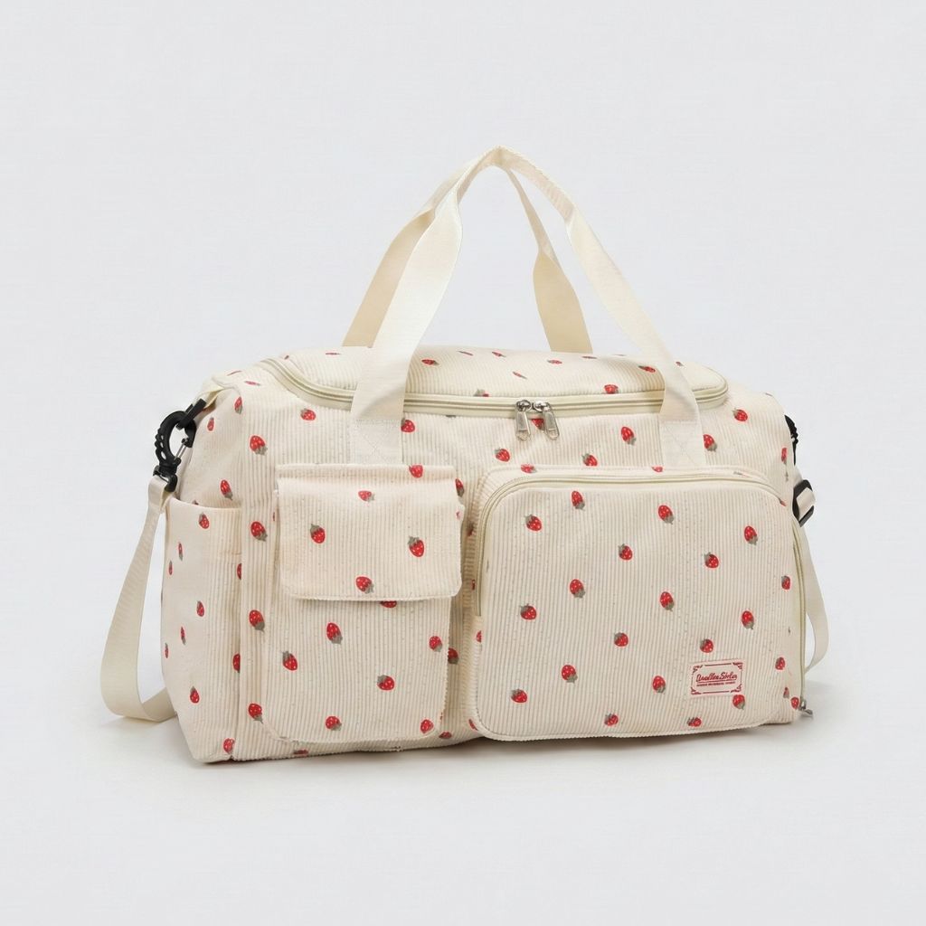Sac week-end en velours côtelé beige à motif fraises avec double poignée, bandoulière et poches frontales zippées