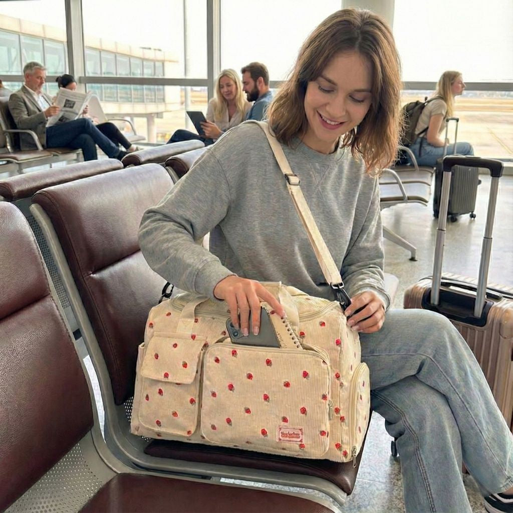 Sac week-end en velours côtelé beige à motif fraises avec bandoulière réglable et poche frontale zippée en aéroport Image