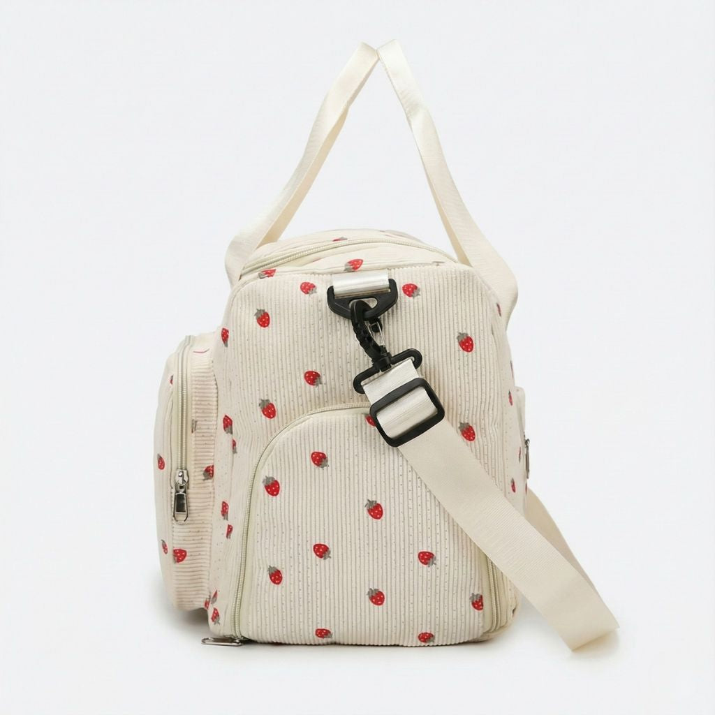 Sac week-end en velours côtelé beige à motif fraises avec bandoulière réglable et compartiment latéral zippé