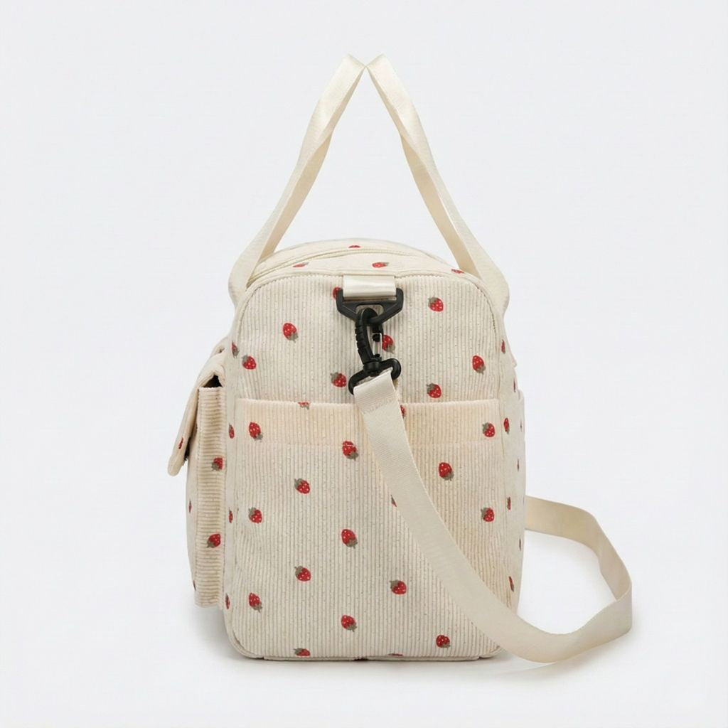 Sac week-end en velours côtelé beige à motif fraises avec double poignée et bandoulière réglable amovible
