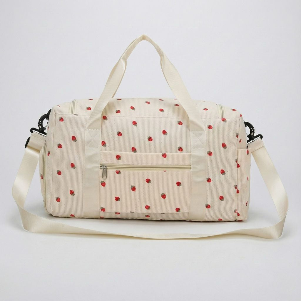 Sac week-end en velours côtelé beige à motif fraises avec double poignée et poche frontale zippée