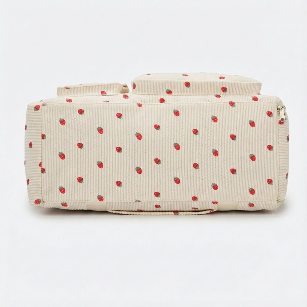 Sac week-end en velours côtelé beige à motif fraises avec base renforcée et fermeture éclair latérale