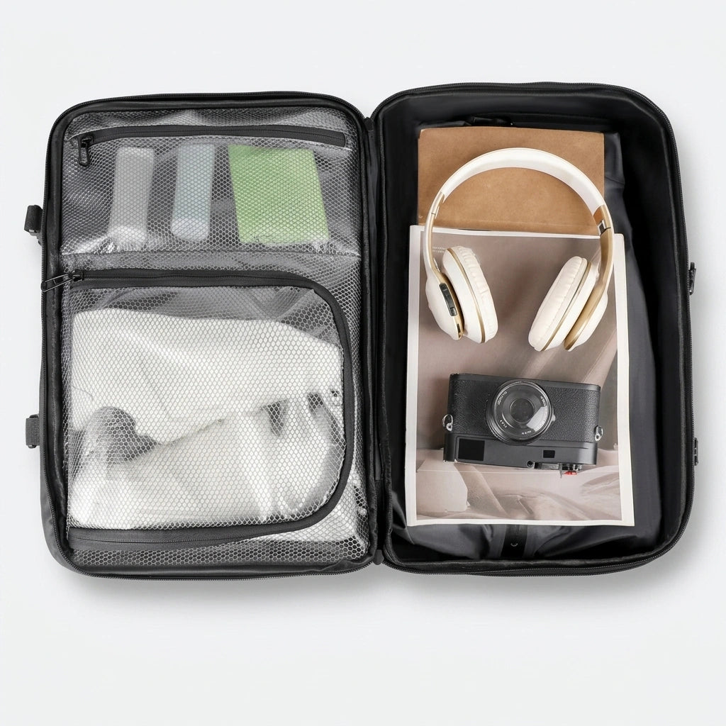Sac à dos de voyage noir ouvert à plat en mode valise avec poches filet, casque et appareil photo rangés