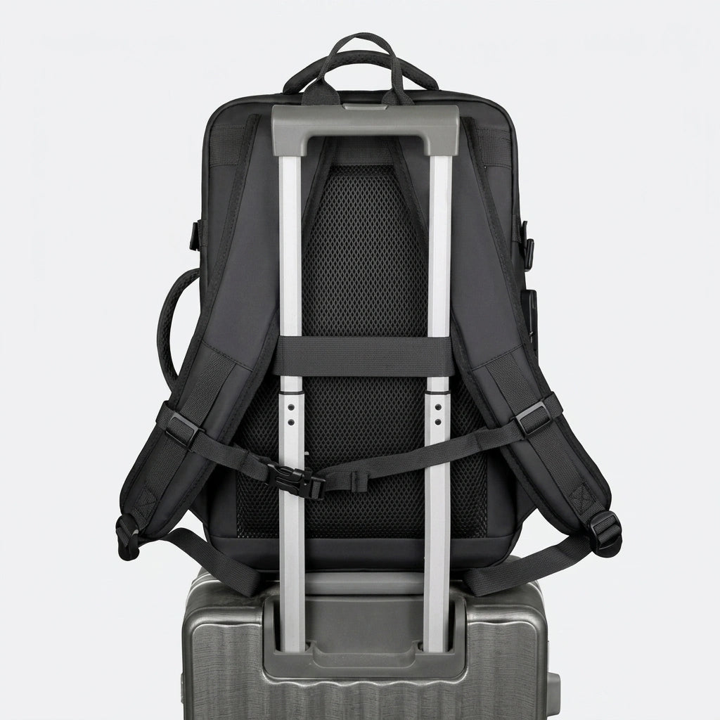 Sac à dos business noir posé sur une valise à roulettes grâce à la sangle de fixation trolley arrière