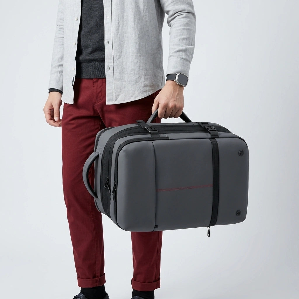 Homme en tenue casual portant le sac à dos de voyage gris en mode mallette à la main en contexte urbain