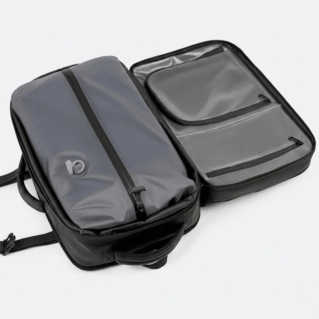 Sac à dos de voyage noir ouvert à plat révélant la doublure étanche grise et les poches filet zippées