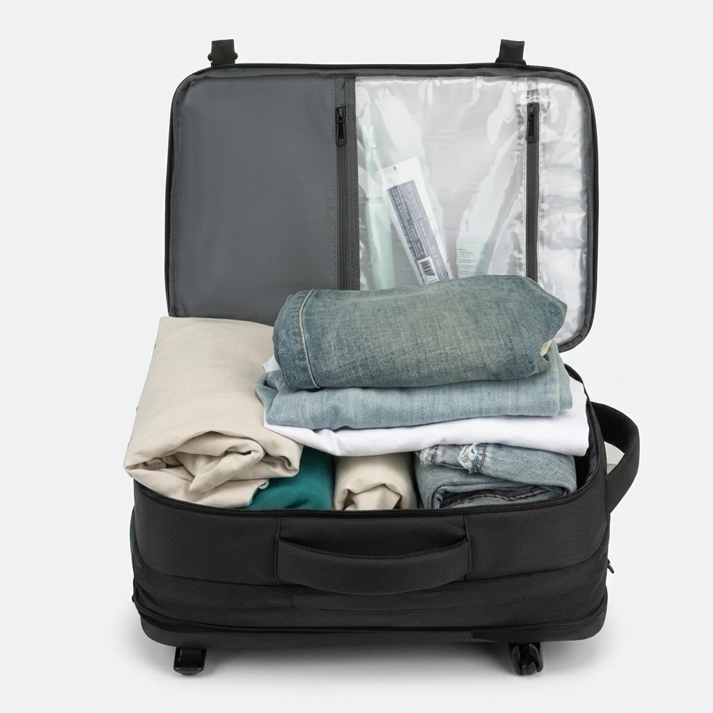 Sac à dos de voyage noir ouvert comme une valise avec vêtements pliés, jean et trousse de toilette rangés