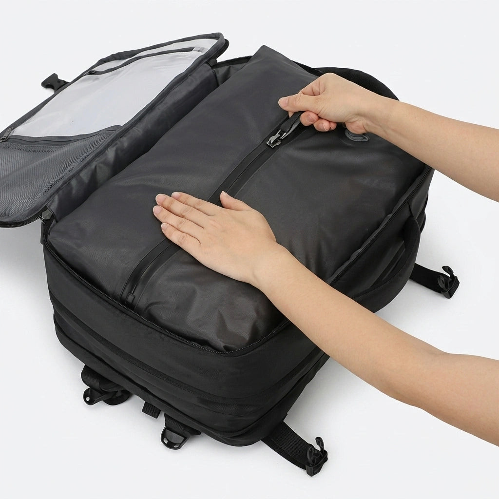 Mains appuyant sur le sac de compression intégré dans le sac à dos de voyage noir ouvert en mode valise Image