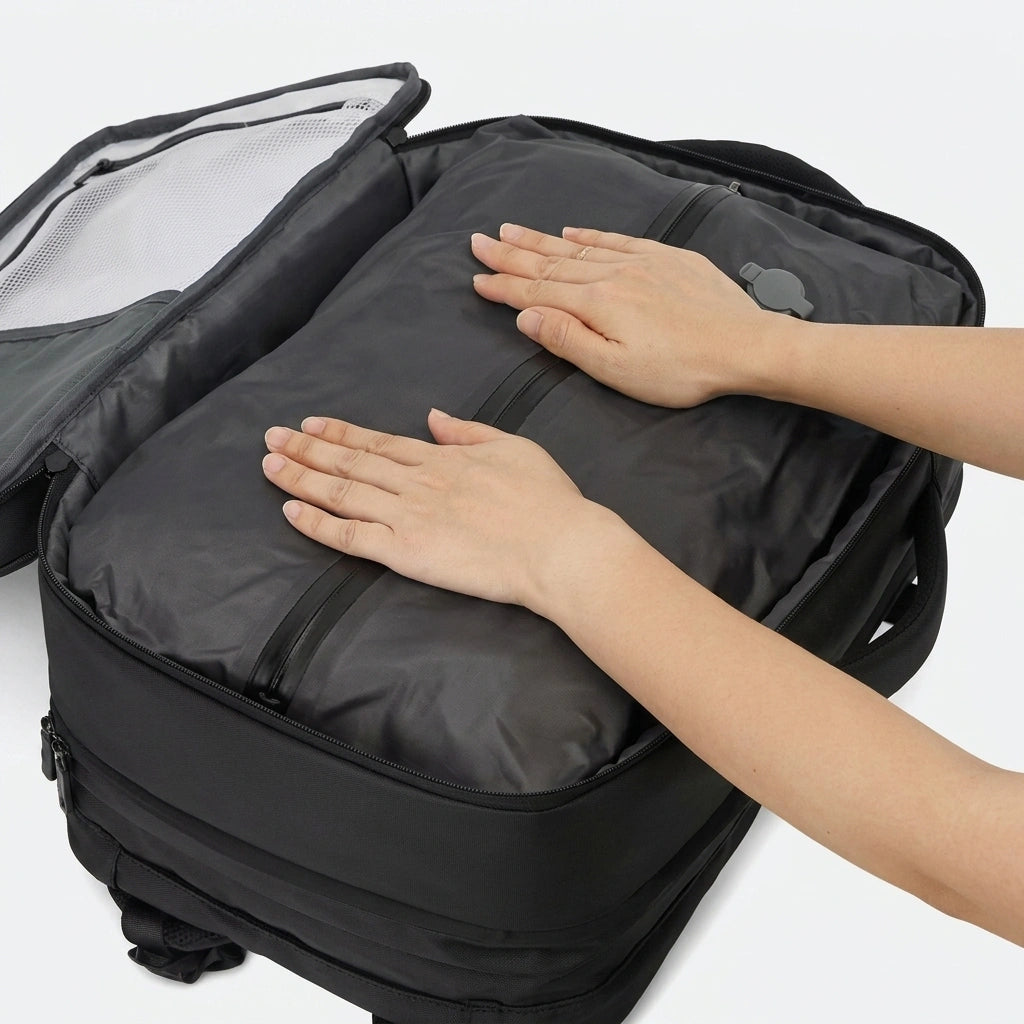 Deux mains compressant les vêtements dans le sac de compression avec valve du sac à dos de voyage noir