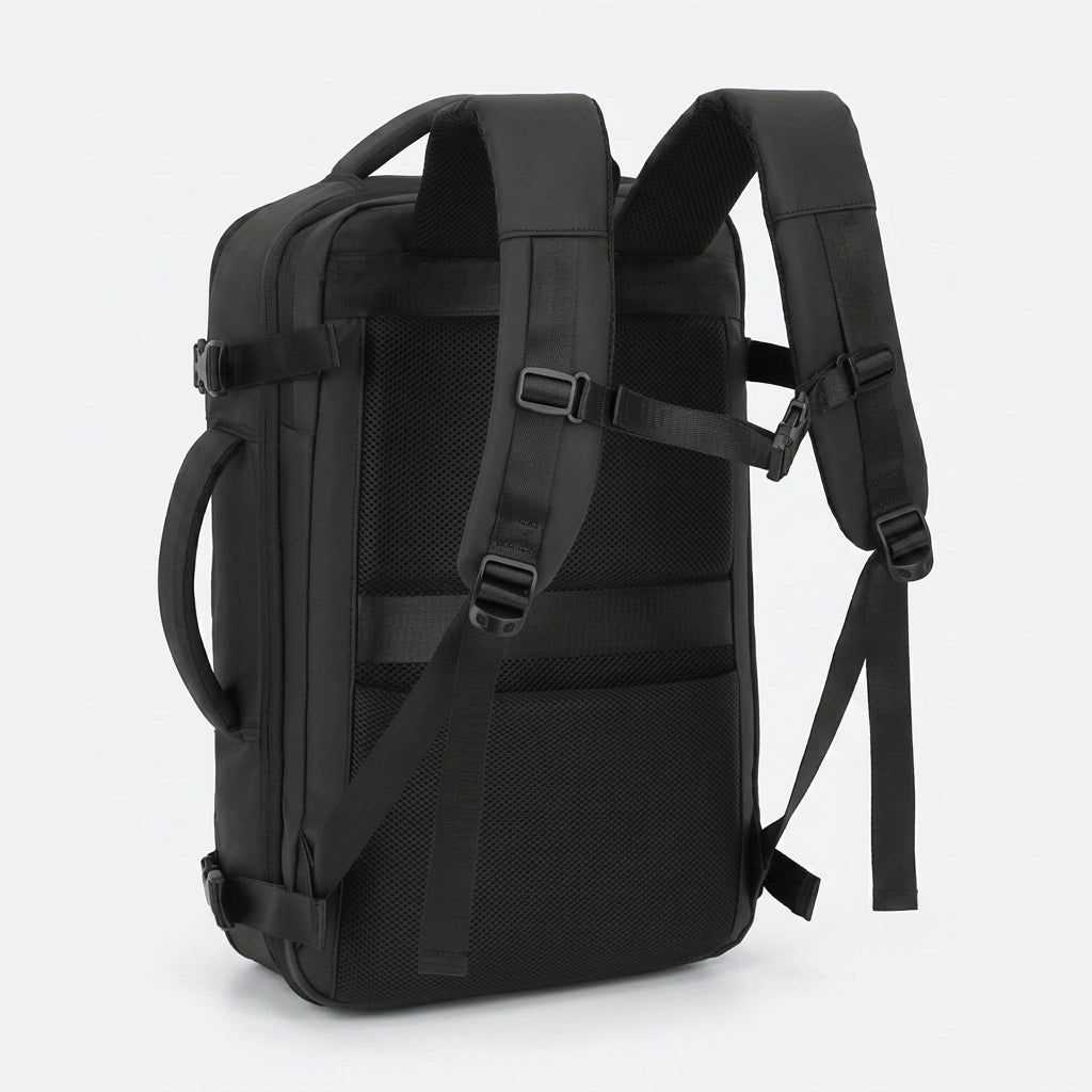 Vue arrière du sac à dos de voyage noir avec panneau dorsal mesh respirant et bretelles ajustables