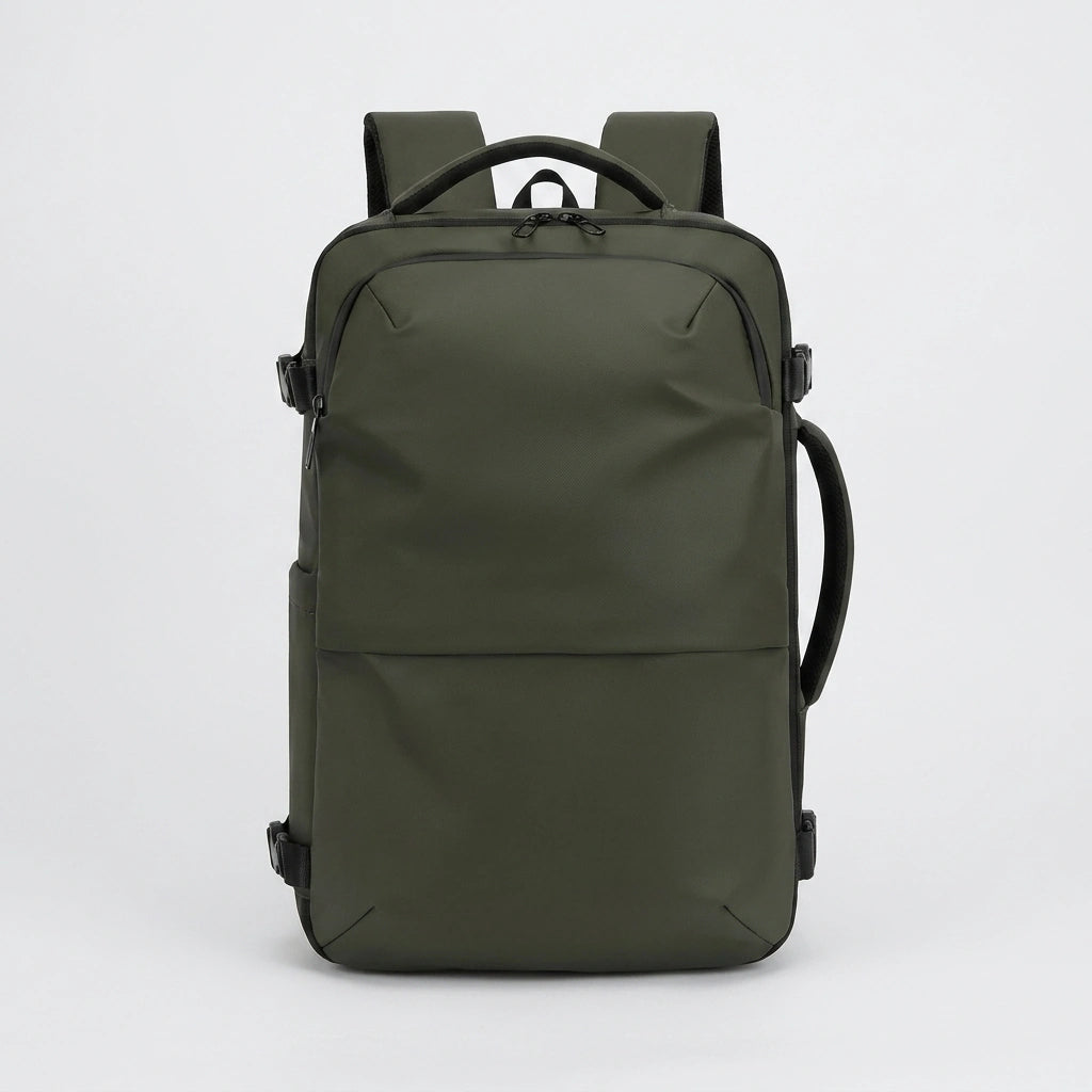 Sac à dos de voyage vert olive vue de face avec design minimaliste et poignée supérieure renforcée