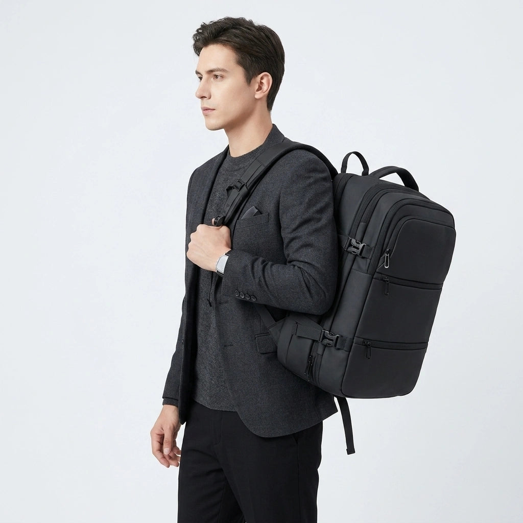 Homme en blazer gris portant le sac à dos cabine noir sur une épaule dans un style professionnel business