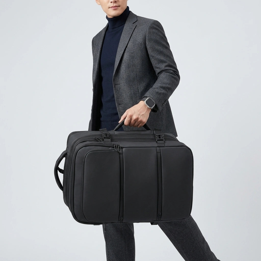 Homme en blazer portant le sac à dos cabine noir en mode porte-documents par la poignée supérieure