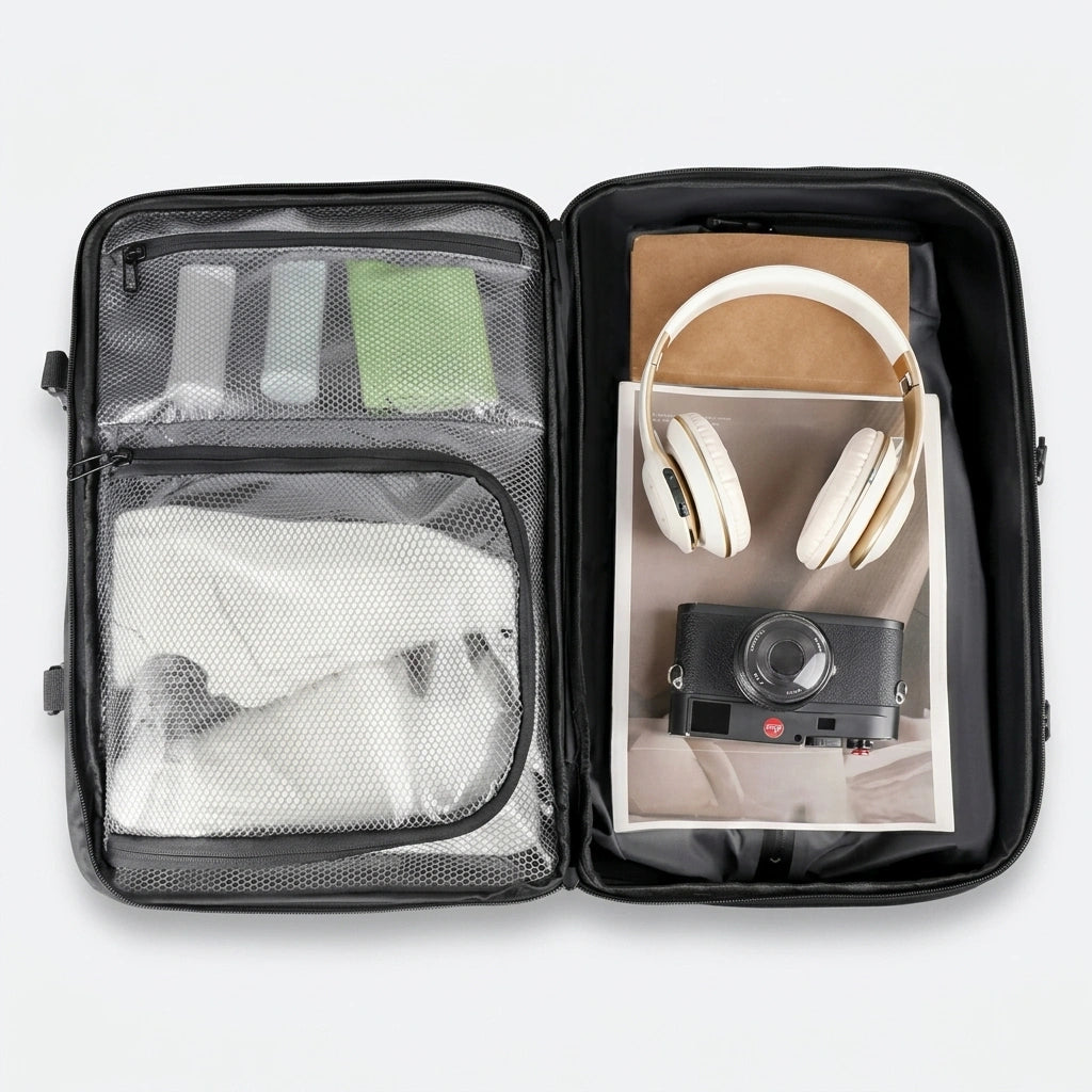 Sac à dos cabine noir ouvert à plat montrant les poches filet, appareil photo, casque audio et tablette rangés