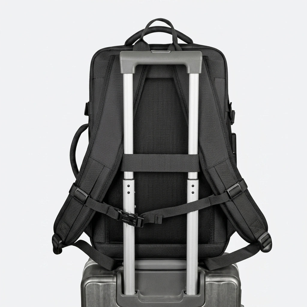 Sac à dos cabine noir fixé sur la poignée télescopique d'une valise grâce à la sangle de passage arrière Image