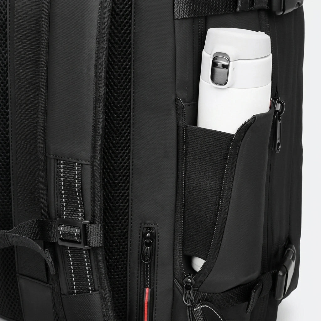 Détail de la poche latérale extensible du sac à dos cabine noir avec gourde blanche rangée à l'intérieur