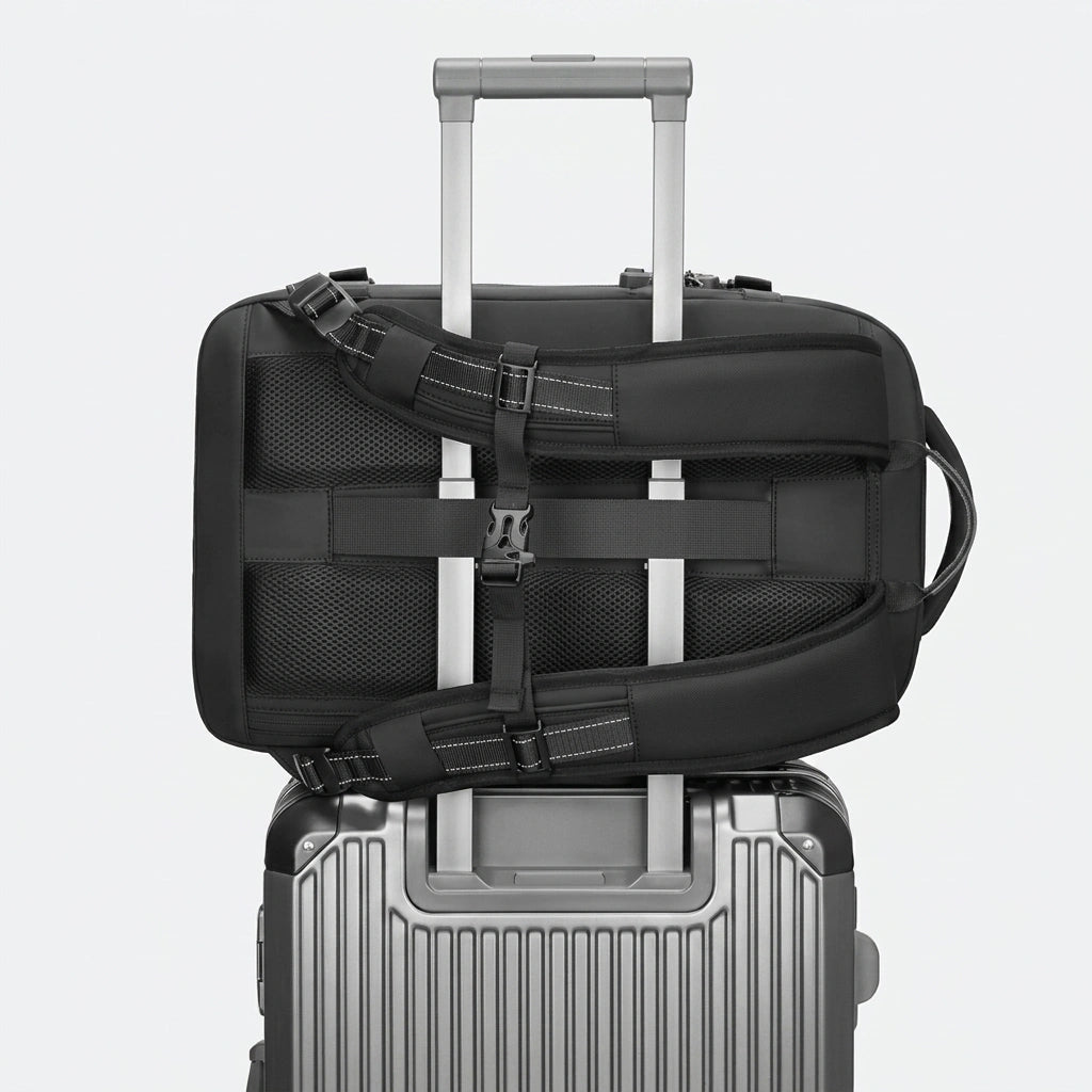 Sac à dos cabine noir fixé sur la poignée télescopique d'une valise grâce à la sangle de passage arrière