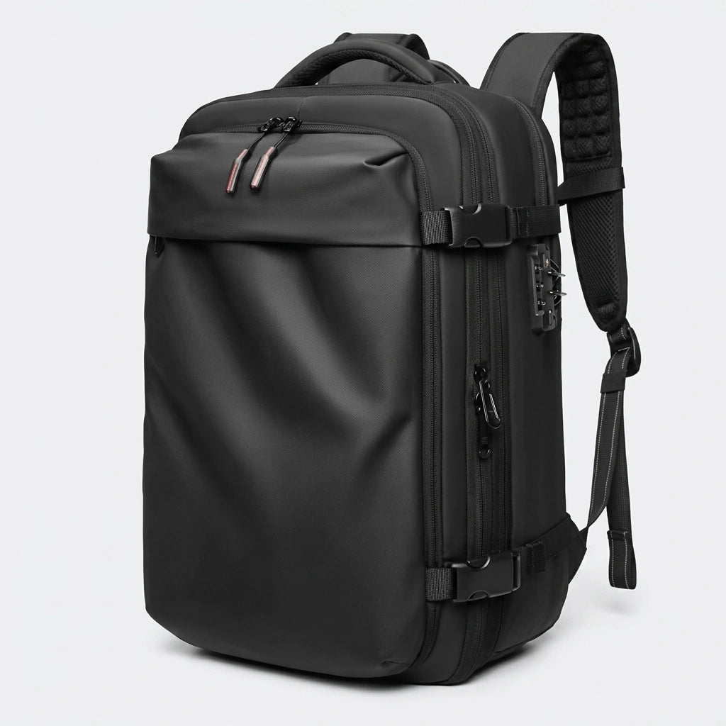 Sac à dos cabine noir vue trois-quarts avec cadenas TSA intégré et sangles de compression latérales