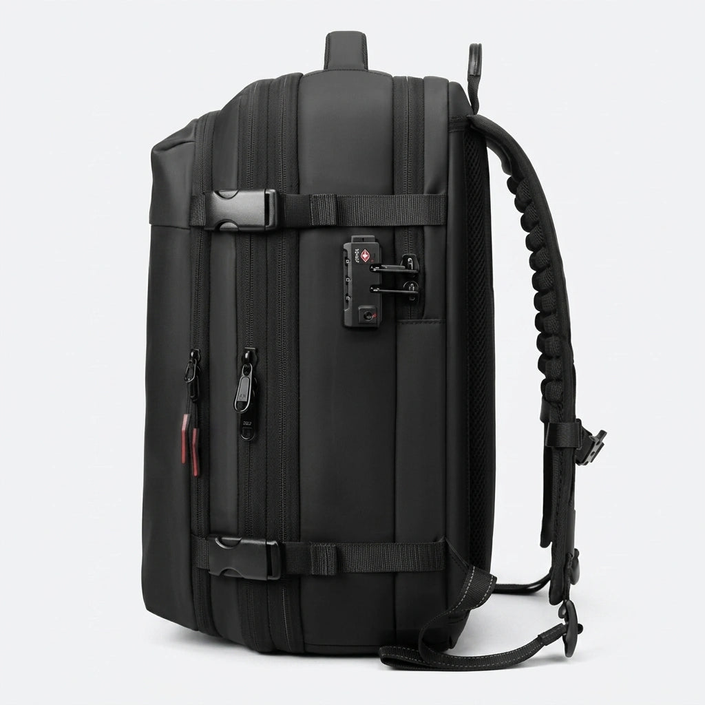 Vue latérale du sac à dos cabine noir montrant le cadenas TSA, sangles de compression et accents rouges