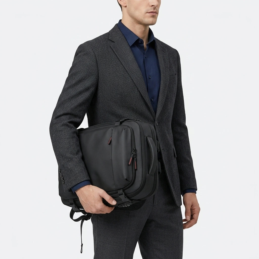 Homme en blazer gris portant le sac à dos cabine noir en mode porte-documents par la poignée latérale