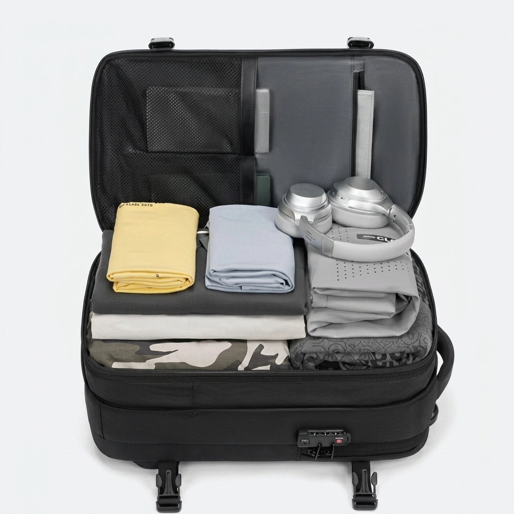 Sac à dos cabine noir ouvert comme une valise avec vêtements pliés, casque audio et poches organiseur