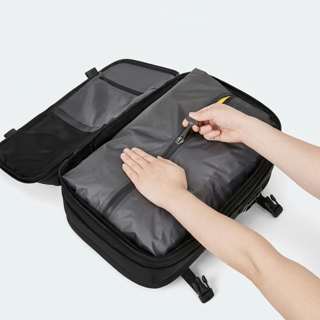 Mains fermant la fermeture éclair du sac de compression intégré dans le sac à dos cabine noir ouvert