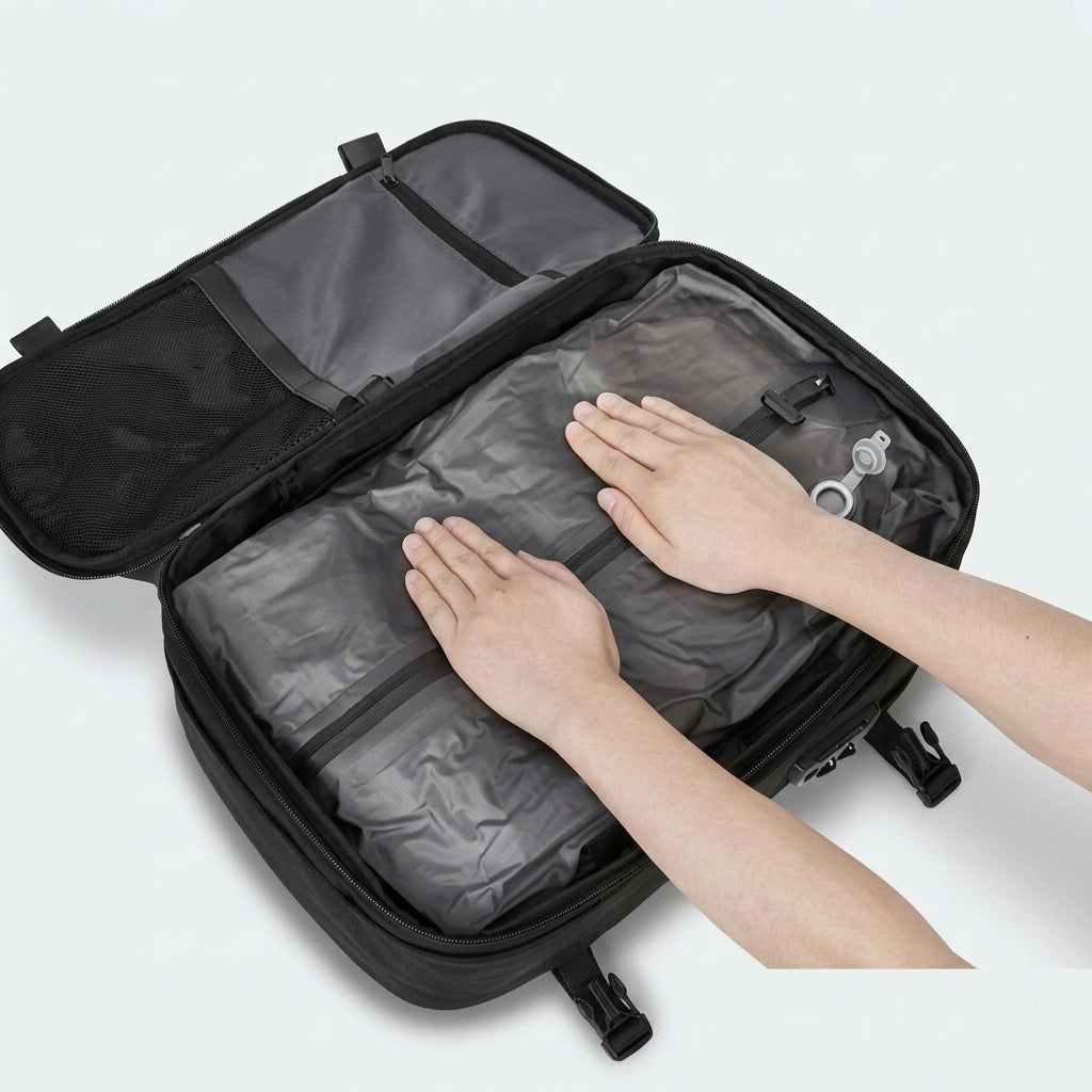 Mains appuyant sur le sac de compression avec valve pour évacuer l'air dans le sac à dos cabine noir