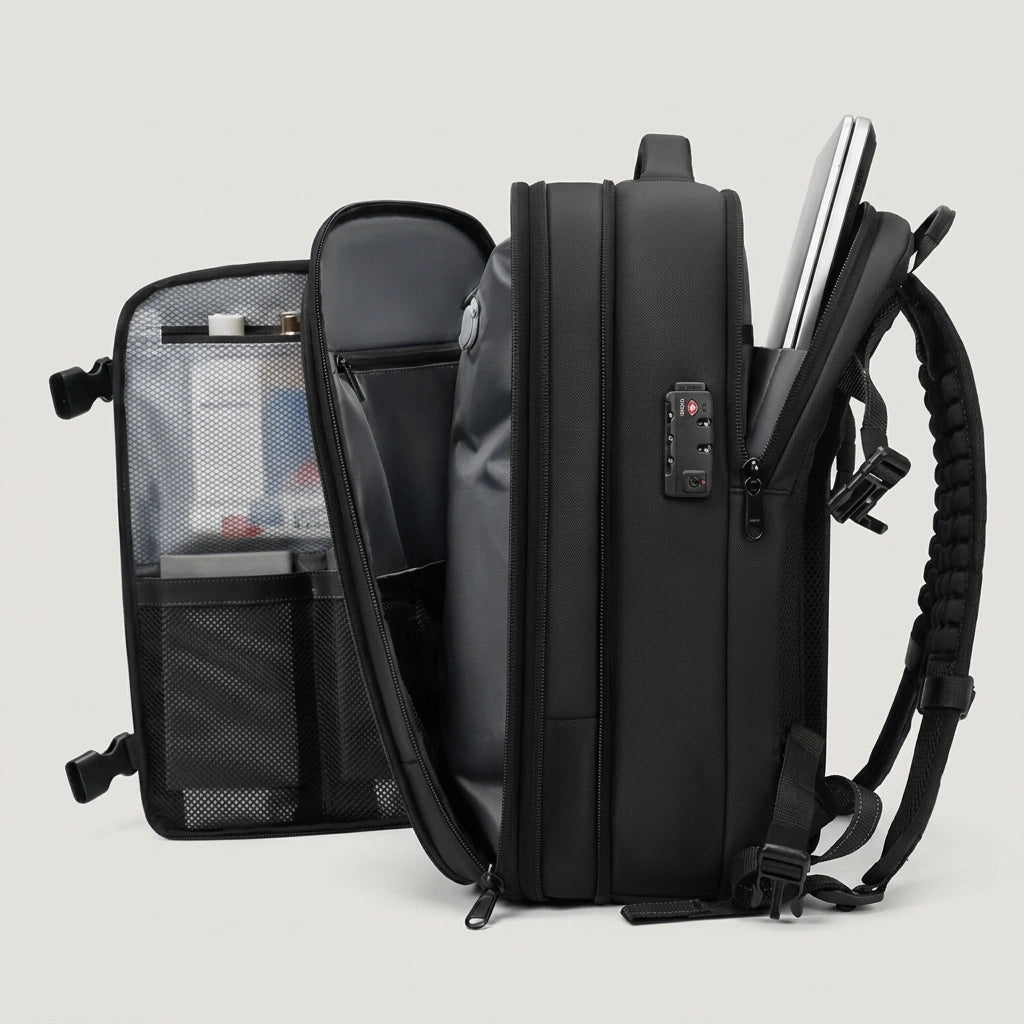Sac à dos cabine noir ouvert montrant les compartiments, poches toilette, laptop et cadenas TSA intégré