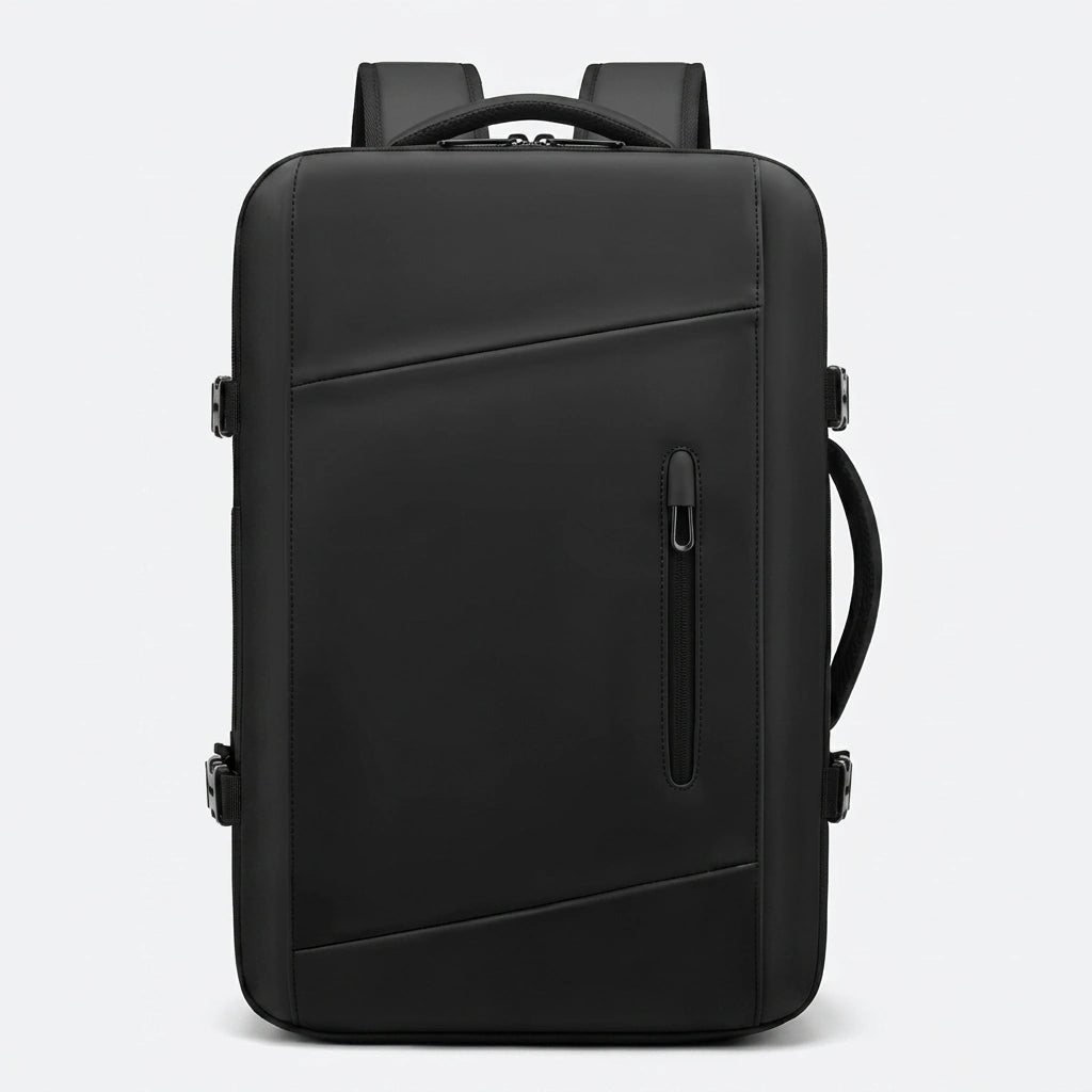 Sac à dos cabine noir vu de face avec design épuré, poche frontale zippée verticale et sangles latérales