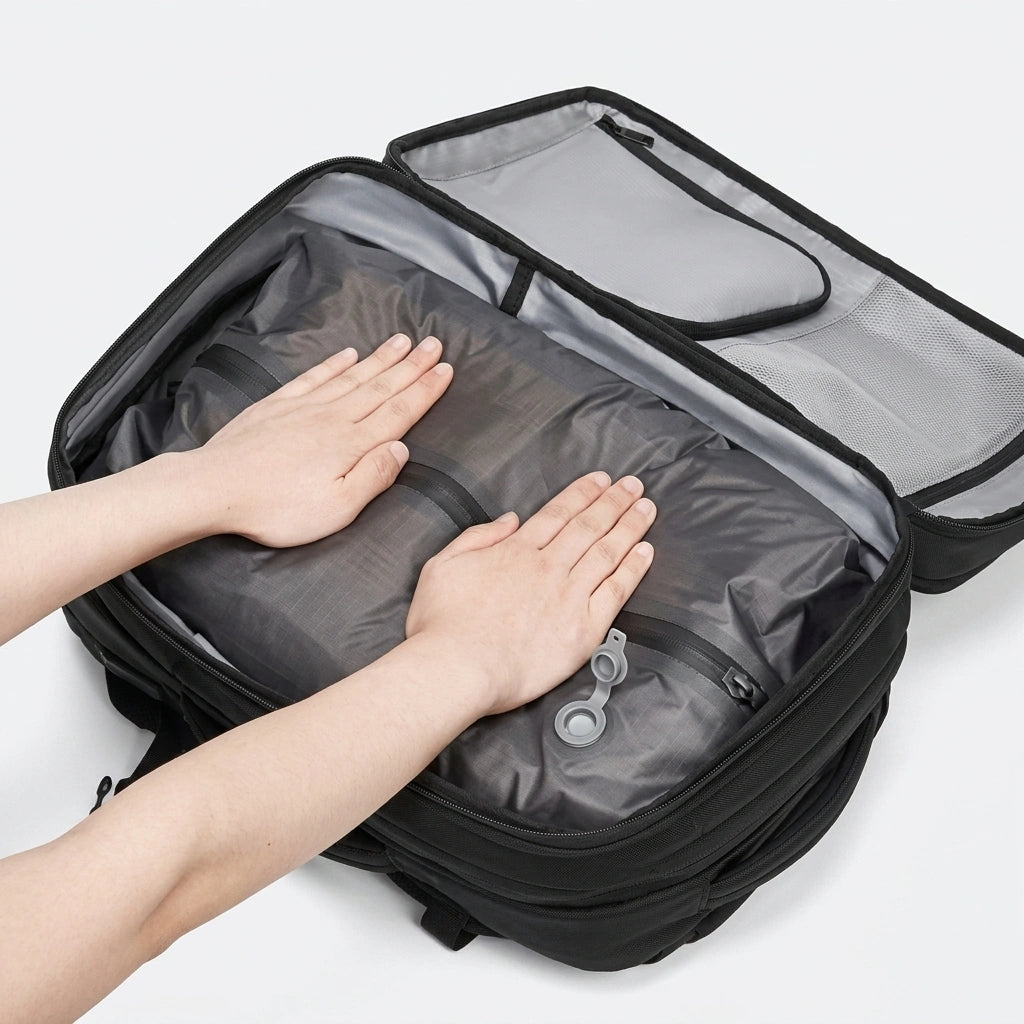 Mains appuyant sur la housse de compression sous vide grise dans le sac à dos cabine noir ouvert type valise