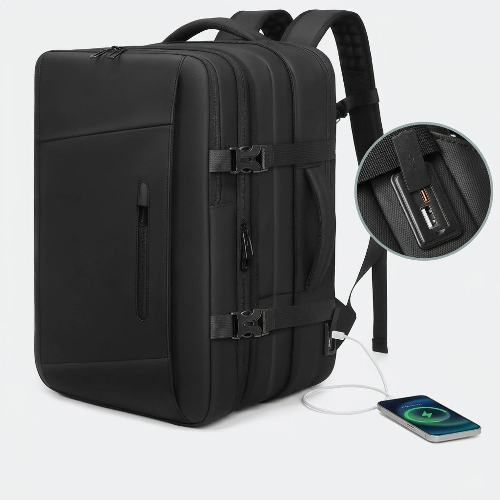 Sac à dos cabine noir vu de trois quarts avec port USB externe chargeant un smartphone et détail du port