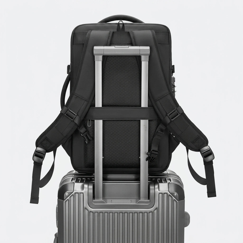 Sac à dos cabine noir fixé sur une valise trolley argentée grâce à la sangle dorsale passant sur la poignée