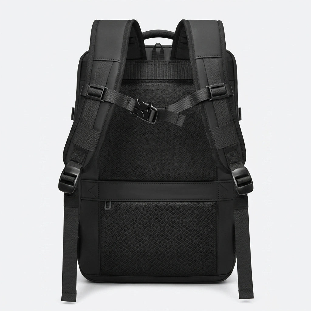 Vue arrière du sac à dos cabine noir montrant le panneau dorsal en maille respirante et bretelles ajustables