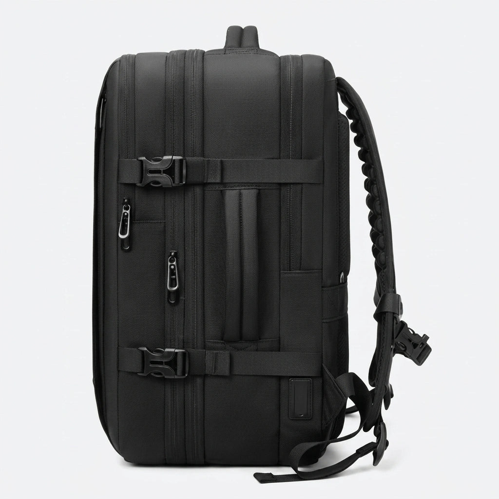 Vue latérale du sac à dos cabine noir montrant les sangles de compression, les poches zippées et le port USB