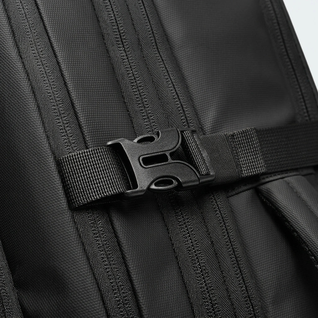 Gros plan de la boucle de compression noire sur les sangles latérales du sac à dos de voyage en toile Oxford