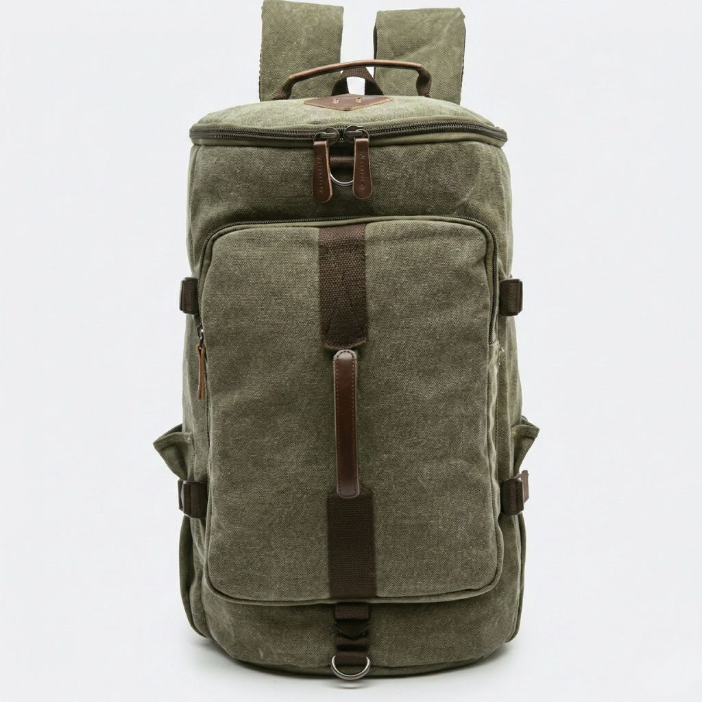 Sac à dos duffle vert militaire en toile lavée, vue frontale, grande poche centrale et bretelles ergonomiques