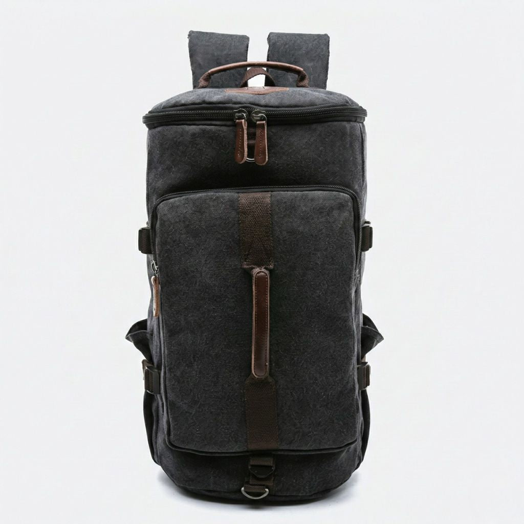 Sac à dos duffle noir anthracite en toile lavée, vue de face, poche frontale zippée et bretelles réglables