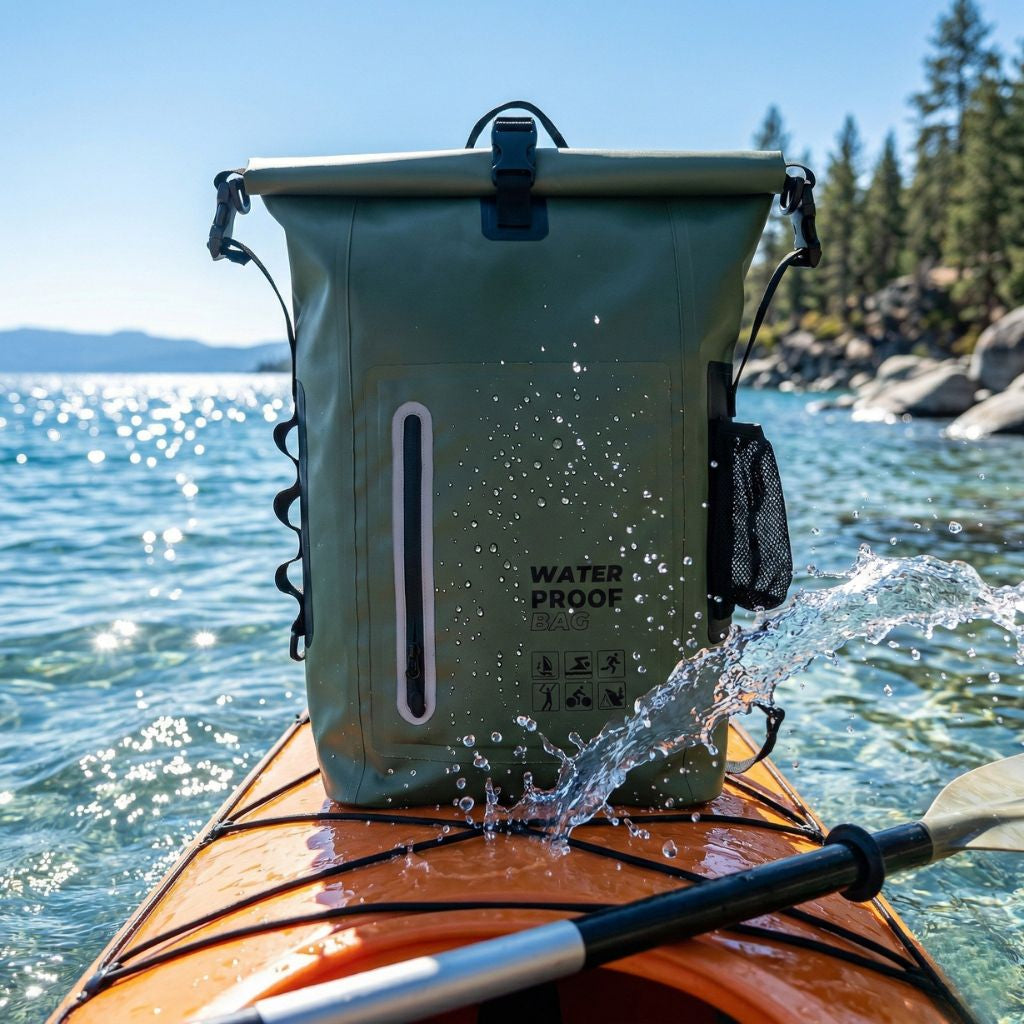 Sac à dos étanche kaki roll-top posé à la proue d'un kayak au bord du lac avec éclaboussures d'eau Image