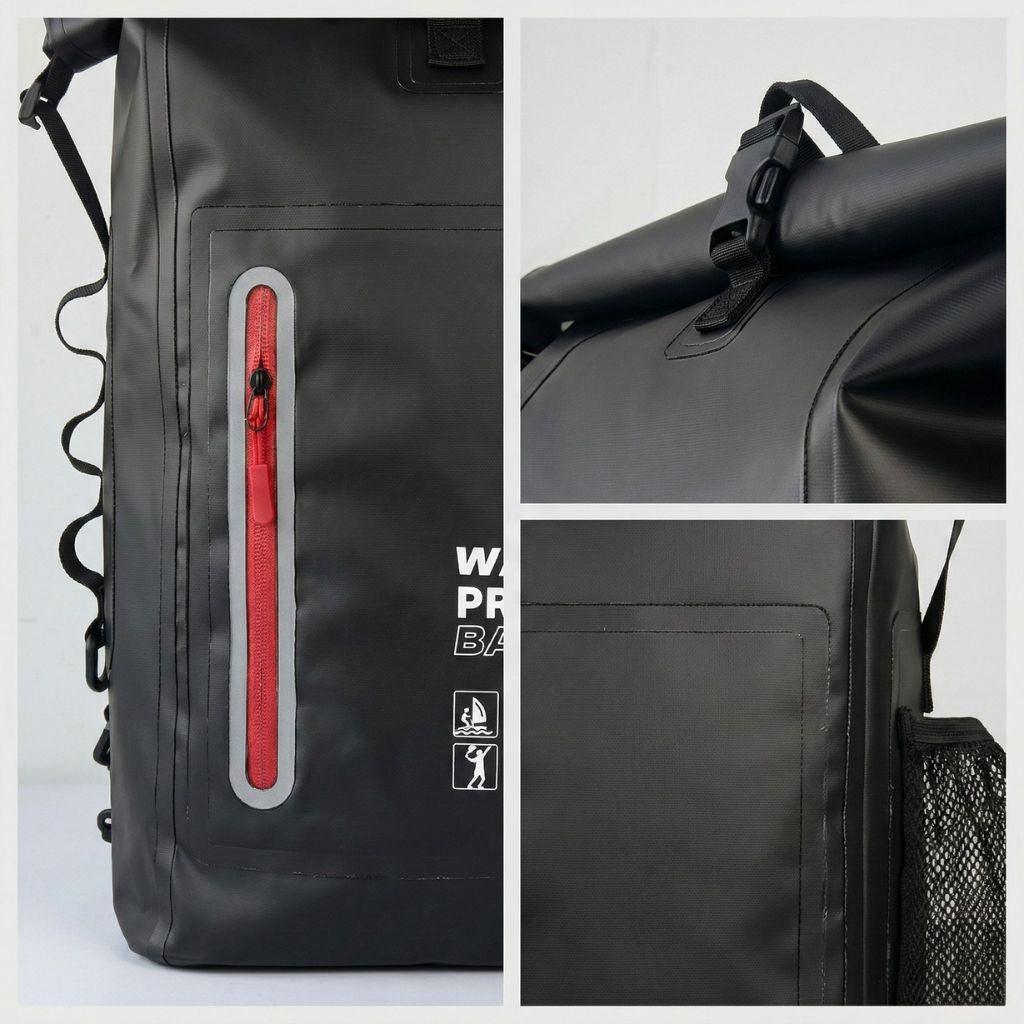 Détail en triptyque du sac à dos étanche noir PVC avec poche zippée rouge réfléchissante et fermeture roll-top Image